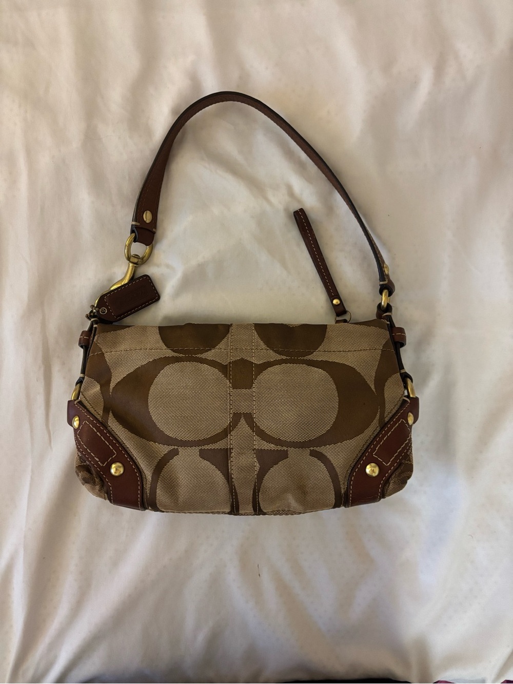RARE Mini Carly Coach Tan and Brown Signature Canvas Shoulder Bag